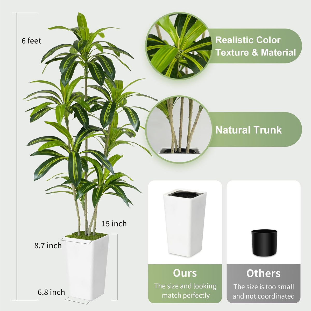 Artificial Dracaena Tree 6ft Tall - Green Silk Realistic Fake Plants for Office Home Living Room Bedroom Decor Indoor Outdoor with Pot Large House Faux Floor Plants