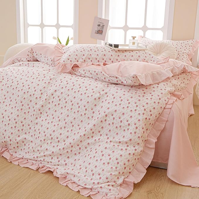 Pink Floral King Comforter Set Chic Flower Bedding Ruffled Comforter Set King Vintage Garden Floral Comforter with Lace Reversible Flower Botanical Comforter Fluffy All Seasons Bedding Set King