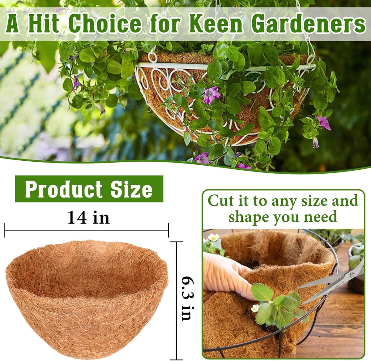 Halatool 4 PCS 14 Inch Coconut Liners for Planters Round Hanging Basket Liners 100% Natural Replacement Coconut Fiber Liner for Garden Flower Pot Vegetables Herbs