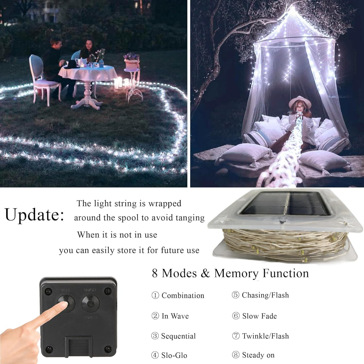 Joomer Solar Fairy Lights, 2-Pack Total 80FT 240LED Solar String Lights Outdoor Waterproof 8 Lighting Modes for Patio Fence Party Garden Yard Home Holiday Tree Outdoor Decoration (White)