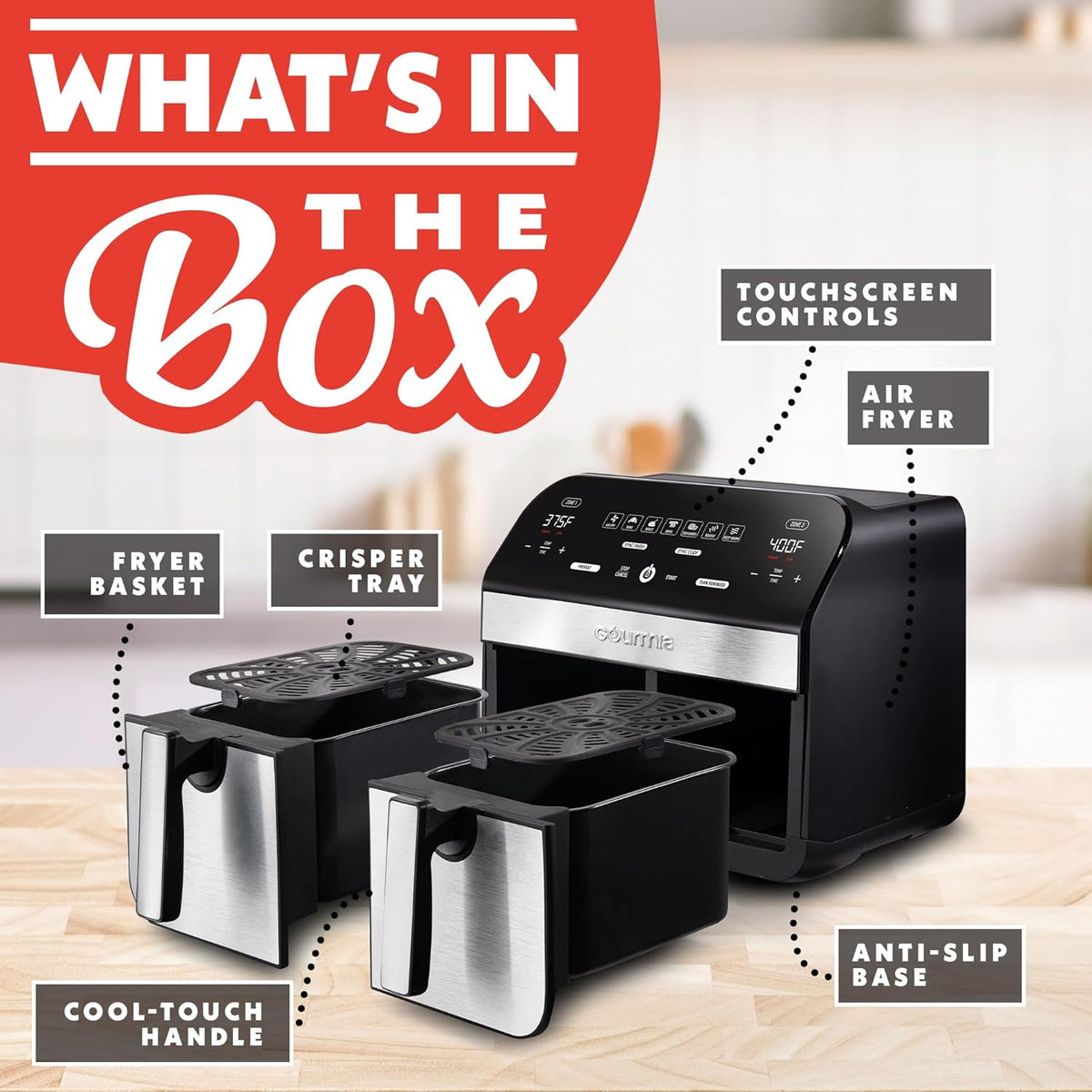 Gourmia Dual Basket Digital Air Fryer – 10 QT, FryForce 360° Technology, 7 Presets, Match Cook & Smart Finish, PTOA-Free Baskets & Crisper Trays, 1600W, Black
