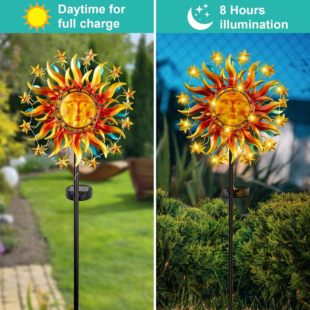 Solar Wind Spinners for Yard Garden - 60.3 Inch 360° Metal Sun Wind Sculptures Outdoor Clearance Kinetic Windmills with Vine String Shining LED Lights for Patio, Lawn Xmas Garden Decoration