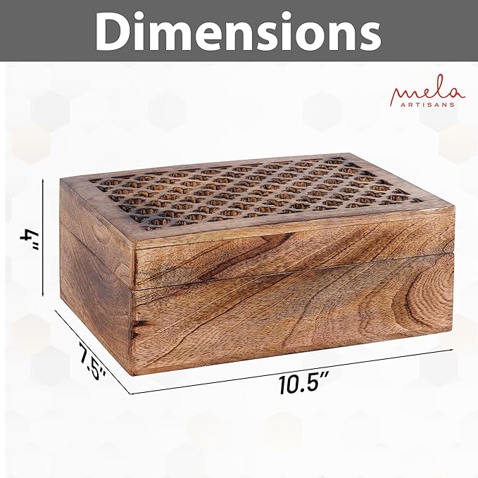 Mela Artisans 10.5” x 7.5” x 4” Mango Wood Box with Lid – Trellis Medium Burnt – Handcrafted Keepsake Box – Extra Large Storage for Jewelry & Home Décor Accents