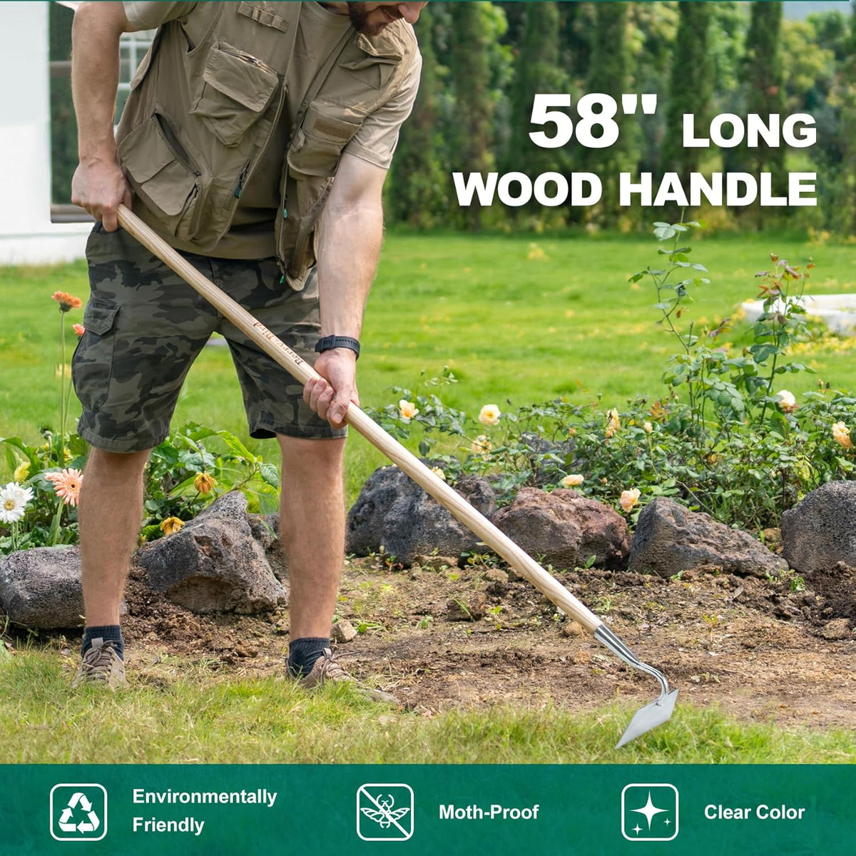 Berry&Bird Flat Edge Garden Hoe, 58'' Hoes Garden Tool with Long Wood Handle, Stainless Steel Weeding Hoe, Heavy Duty Weeder Hoe Tool for Gardening Digging Soil Loosening, Edging & Cultivating