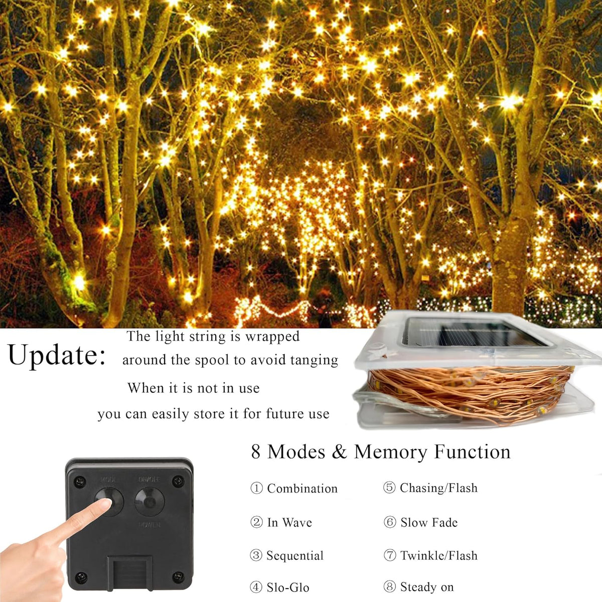 Joomer Solar Fairy Lights, 2-Pack Total 80FT 240LED Solar String Lights Outdoor Waterproof 8 Lighting Modes for Patio Fence Party Garden Yard Home Holiday Tree Outdoor Decoration (Warm White)