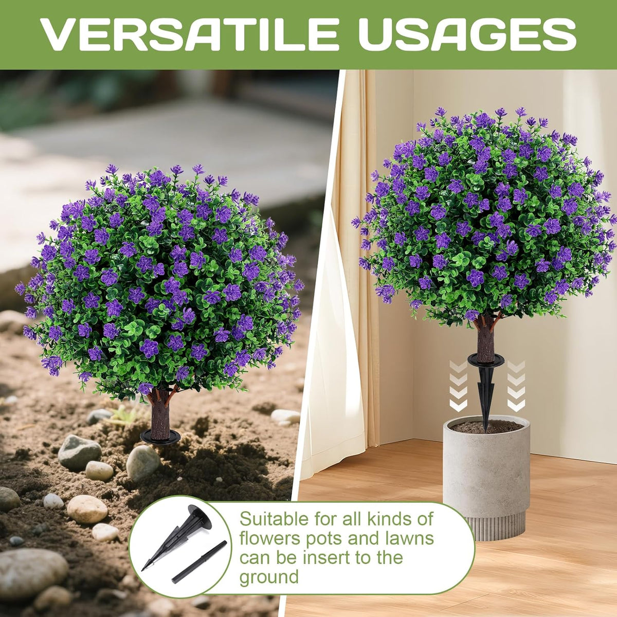 Artificial Purple flower Topiary Ball Tree 25" with Ground Spike, Set of 2 Artificial Boxwood Bushes for Faux Shrubs, Fake Evergreen Faux Plant for Indoor Outdoor Garden -UV Resistant–Fade-Proof