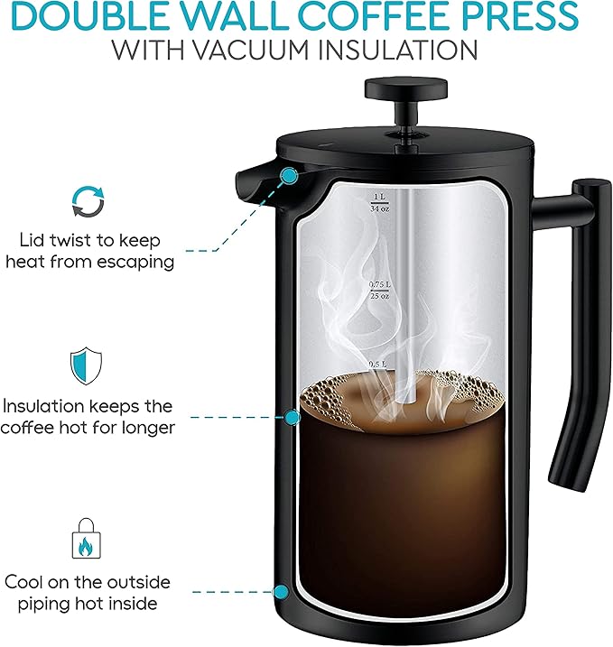 Belwares French Press Coffee Maker - Large 50oz 6-Cup, 304 Stainless Steel Coffee Press, Double Wall Insulated Heat Retention, 4-Level Filtration for Smooth Ground-Free Coffee, 2 Extra Filters, Black