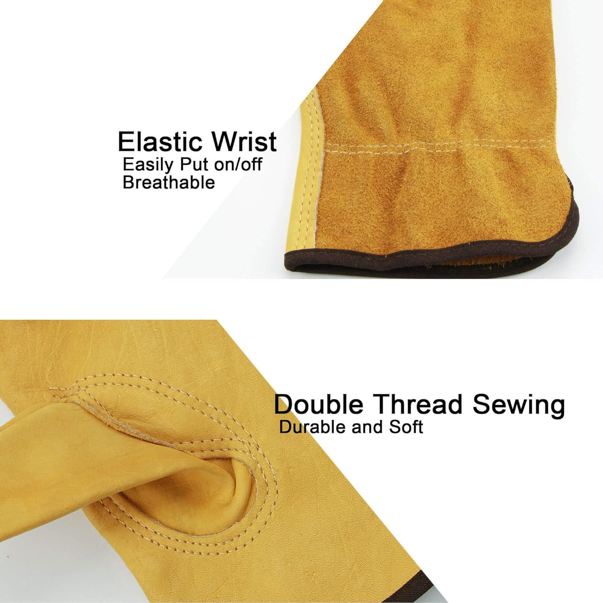 OZERO 5Pair Leather Work Gloves Cowhide Garden Glove for Wood Cutting/Yard Gold,Large