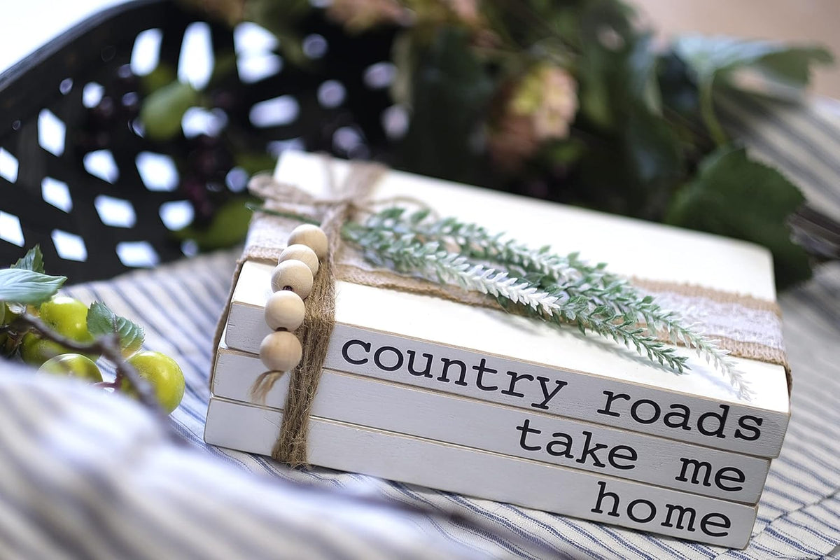 Lavender Inspired Decorative Books for Home Decor| Boho Chic Coffee Table Books Decor|Set of 3 Faux Books Stack for Fireplace Mantle Decoration| Entryway Table Decor| Farmhouse Living Room Decor| Neutral Home Decor-Country Roads,Take Me Home Sign