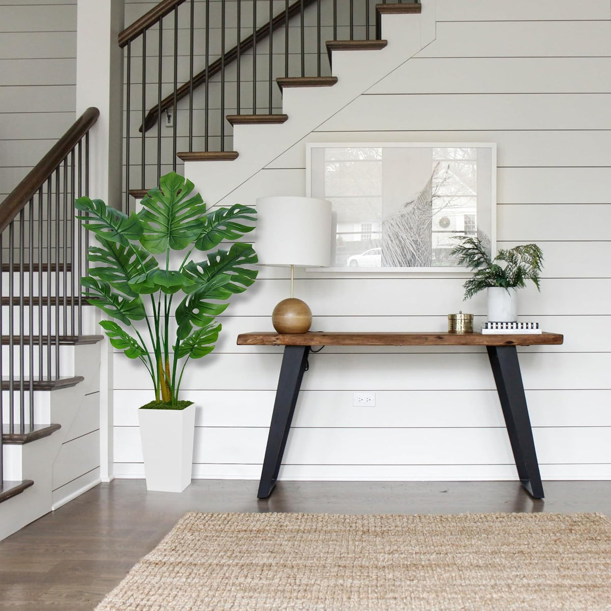 Artificial Monstera Deliciosa Plant 5FT - Faux Tropical Palm Tree with White Tall Planter - Fake Swiss Cheese Floor Plant Potted - Artificial Tree for Home Office Living Room Decor Indoor