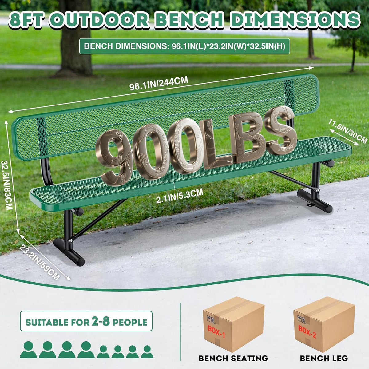 Outdoor Garden Bench, Cast Iron Metal Frame Patio Park Bench with Backrest, Portable Expanded Metal Black Bench, Commercial-Grade Outdoor Seating for Lawn, Patio, Park, Yard, Garden (Green, 8FT/96'')