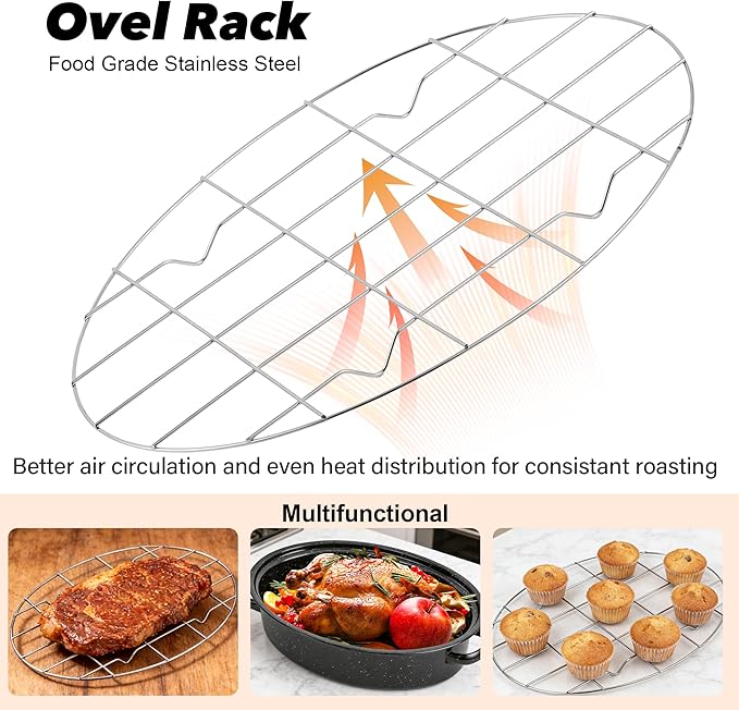 15” Roaster Pan with Lid and Rack, Small Enamel Roaster Pan with Oval Roasting Rack, Granite Baking Pot for Chicken Turkey Lamb, Heat Resistant, Oven/Dishwasher/All Stovestops Compatible