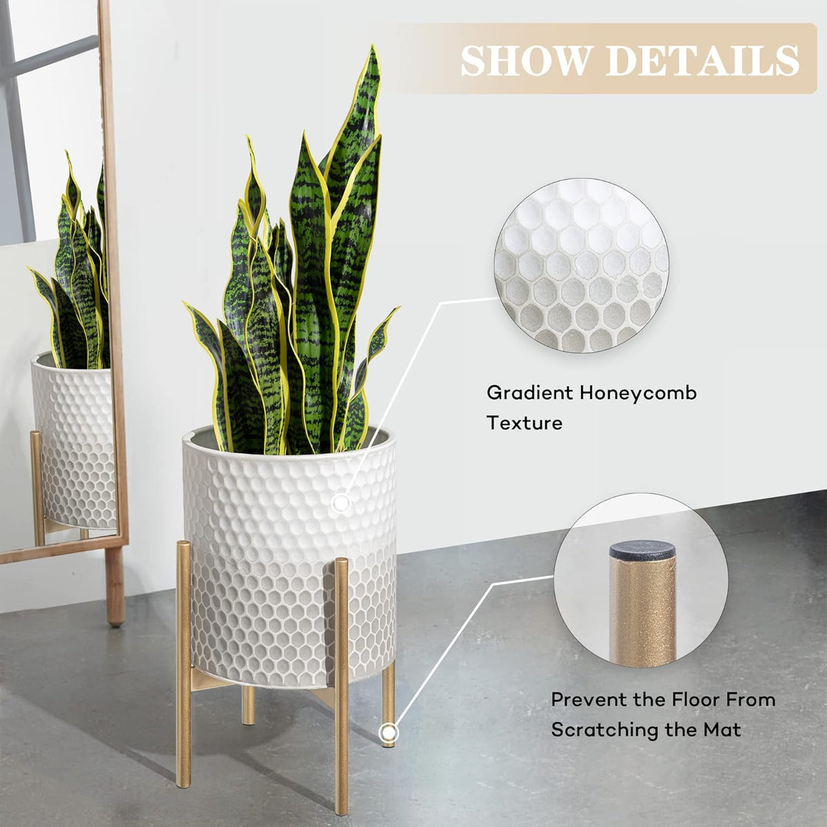 Oakrain Mid Century Planters for Indoor Plants, Set of 2, Modern Decorative Metal Pots for Living Room, Office, Garden or Balcony, Gray and White Gradient Planter with Stand, 8 inch&10 inch