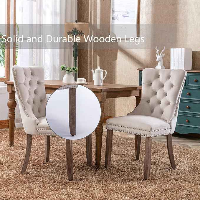Beige Velvet Dining Chairs Set of 6, Upholstered Dining Room Chairs with Back Ring Pull Trim and Solid Wood Legs, Tufted Wingback Kitchen Chairs for Dining Room,Living Room,Kitchen(Beige)