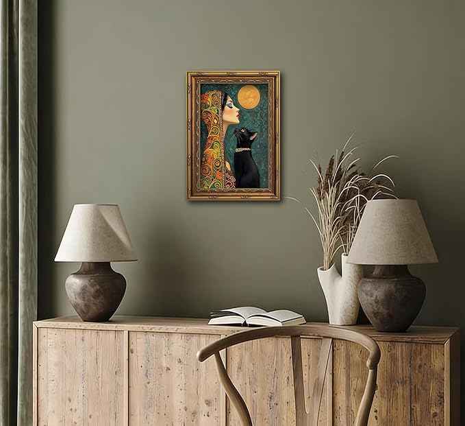 Vintage Gold Framed Boho Wall Art Moonlit Elegant Woman and Black Cat Painting Canvas Prints Gothic Dark Academia Moon Poster Bohemian Mystical Picture Artwork for Bedroom Living Room Home Décor