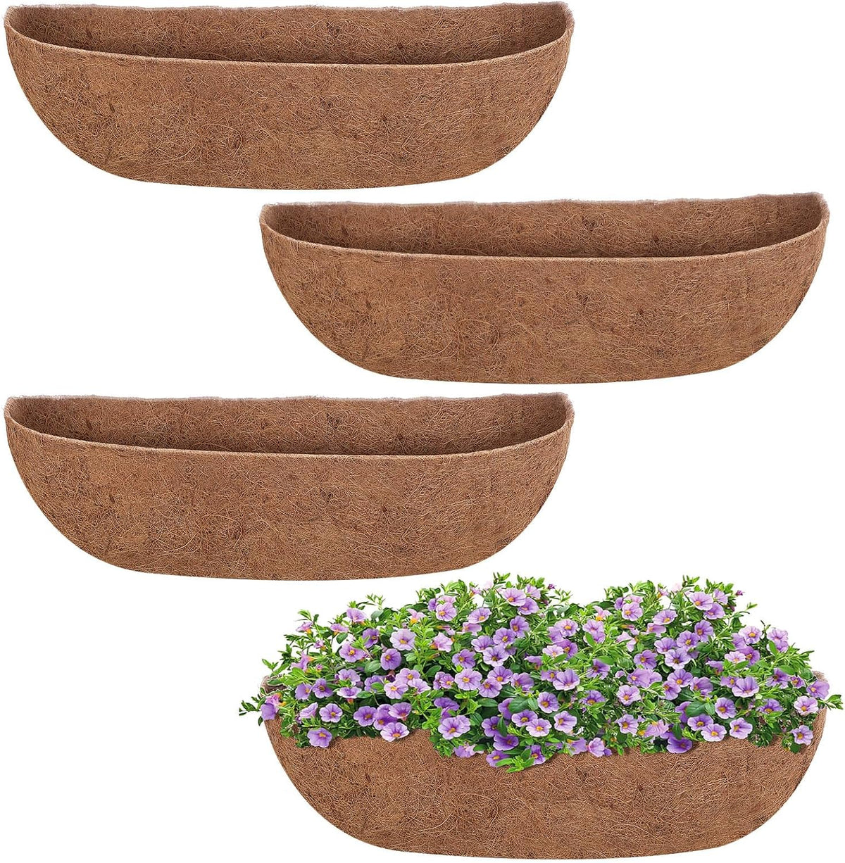 4 Packs 24 inch Hanging Basket Liner Trough Coco Coir Liner for Planter Replaceable Natural Coconut Fiber for Hanging Baskets Window Box Garden Fence Flower Pots Outdoor Indoor (4Pcs 24 inch)
