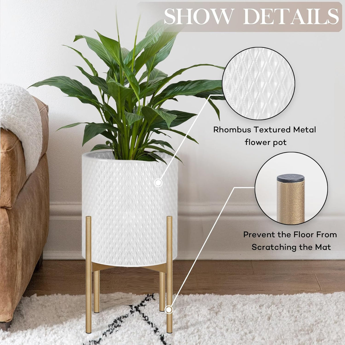 Oakrain Mid Century Planters for Indoor Plants, Set of 2, Modern Decorative Metal Planters for Living Room, Office, Garden or Balcony, White Planters with Stands, 10 inch & 12 inch