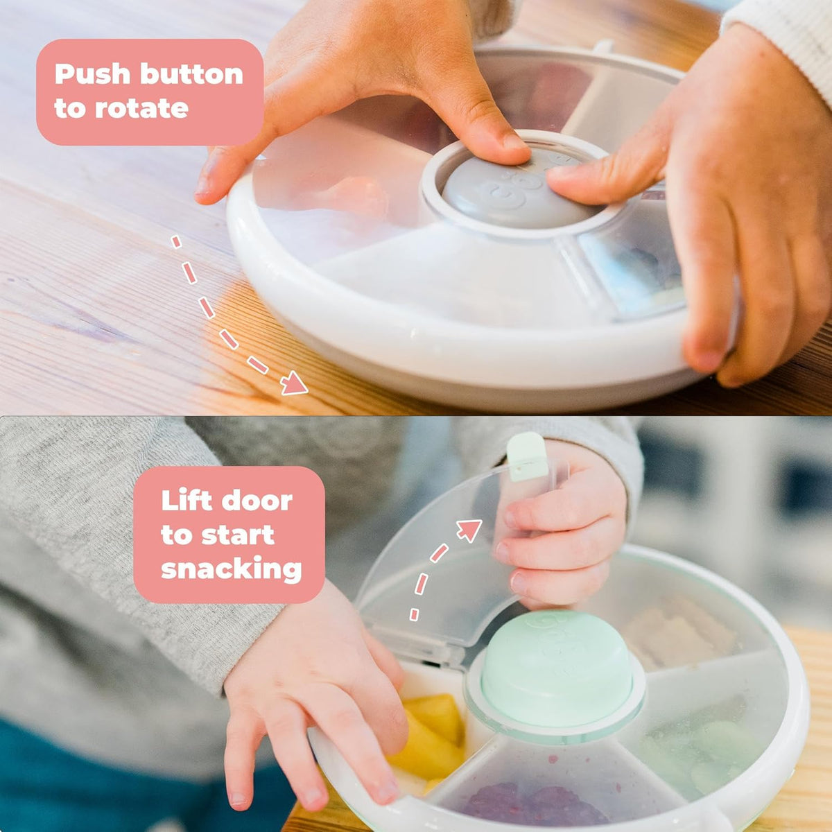 GoBe Kids Original Snack Spinner Bundle with Hand Strap and Sticker Sheet - Reusable Snack Container with 5 Compartment Dispenser and Lid | BPA and PVC Free | Dishwasher Safe | No Spill, Leakproof