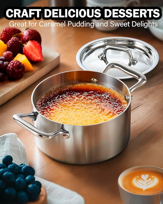 Cooks Standard Multi-Ply Clad Stainless Steel Butter Warmer Set, Mini Cookware Duo Set, Stainless Steel Butter Melting Pots, Fry Pan 4.7 Inch & Casserole 0.68 Qt, Mini Pot and Pan, 3 Pieces, Silver