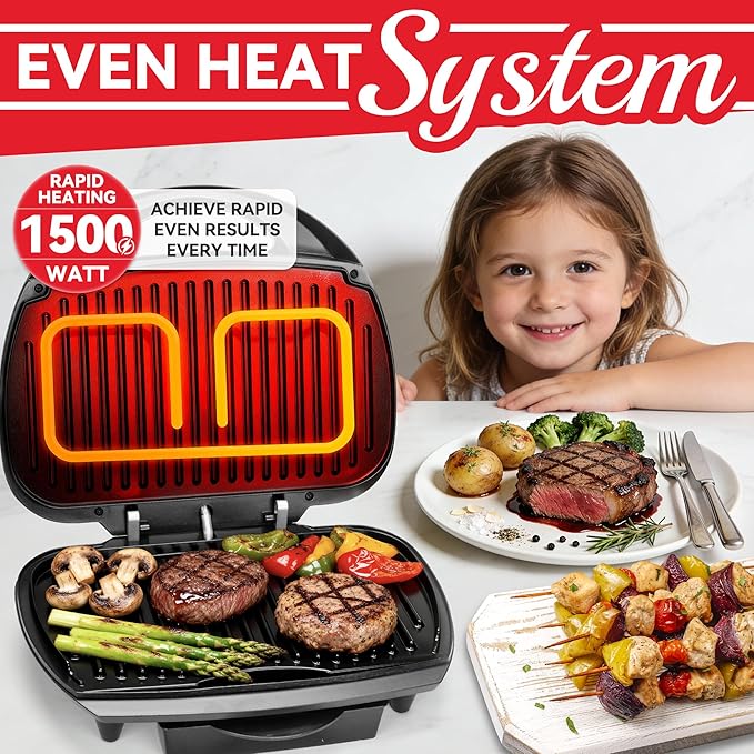 SugarWhisk Family-sized Contact Grill, 6-Serving Electric Indoor Grill with Adjustable Temp Control, Ceramic Coating, 1500W, Graphite