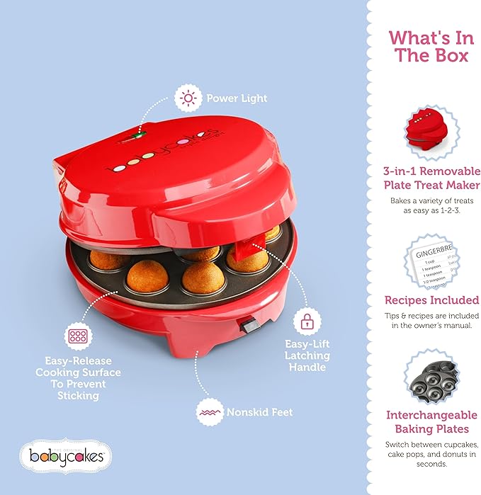Babycakes 3-in-1 Removable Plate Treat Maker - Baking Gadgets for Cake Pops, Cupcakes & Donuts - Mini Kitchen Appliance & Baking Tool - Gift for Bakers - Includes Non-Stick Baking Plates