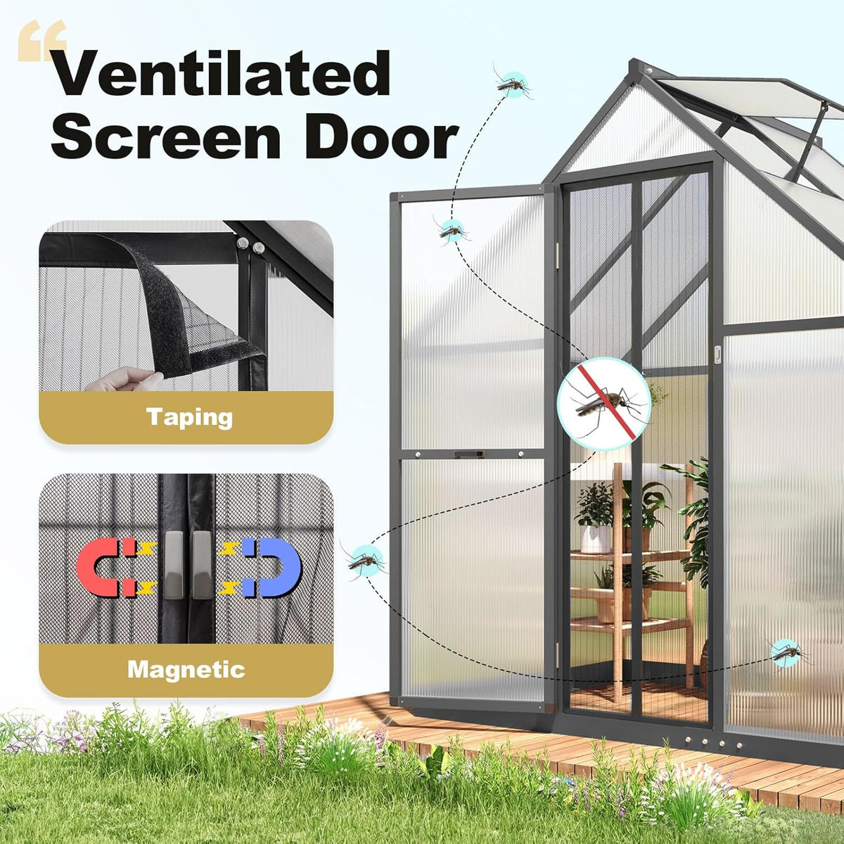 KING BIRD Greenhouse for Outdoors, 4x6 FT Polycarbonate Walk-in Green House, Quick-Setup Aluminum Frame UV Resistant Panel for Outside Garden Backyard W/ Lockable Screen Door, Vent, Black