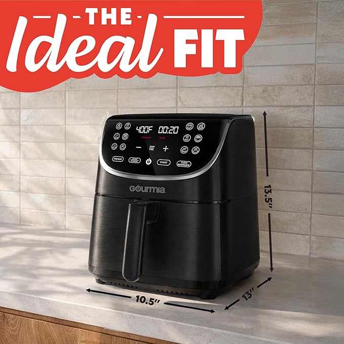 Gourmia Air Fryer - 7 Qt Large Capacity with LED Display, 12 One-Touch Presets, FryForce 360° Technology, Nonstick Dishwasher-Safe Basket & Crisper Tray, Black