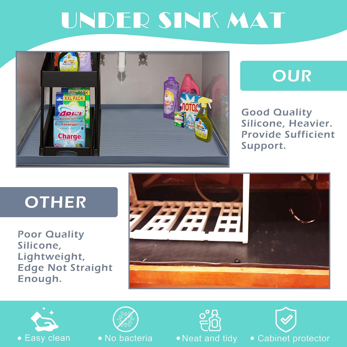 URMONA Waterproof Silicone Under Sink Mat 34'' x 22'' Shelf Liner for Kitchen and Bathroom, Cabinet and Counter Protector, Storage and Organizers, Litter Mat, Pet Cat Puppy Essentials(Cream)