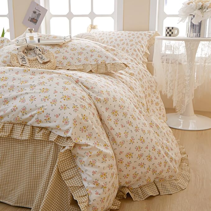 French Style Ruffle Floral Comforter Set Twin XL Vintage Garden Floral Bedding Comforter Reversible Yellow Plaid Bedding Set Rose Flowers Botanical Comforter Set with 2 Pillowcases for All Season