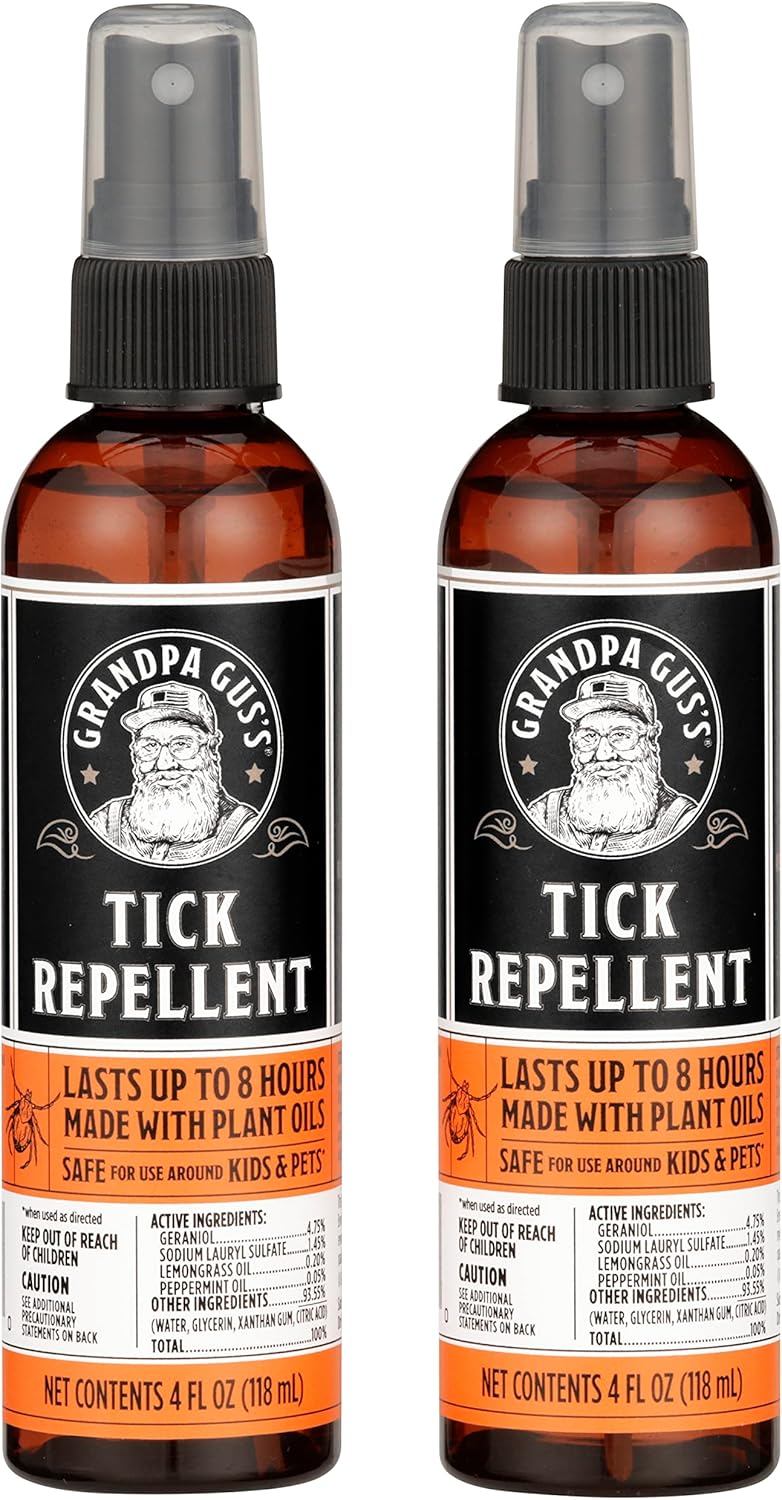 Grandpa Gus's Natural Tick Repellent Spray with Essential Oils - for Humans, DEET-Free, Up to 8 Hours of Protection, Camper Essentials, Safe Around Kids and Dogs, 4 oz (Pack of 2)