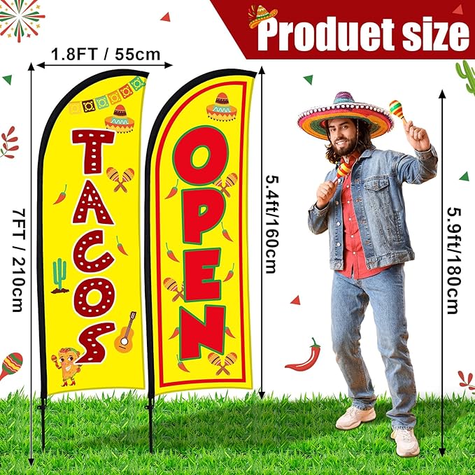 Buryeah Feather Banner Feather Flag Taco Sign Business Signs for Outside Open Flags for Businesses with Pole Ground Stake Portable for Mexican Restaurants, Diners, Markets(Yellow)