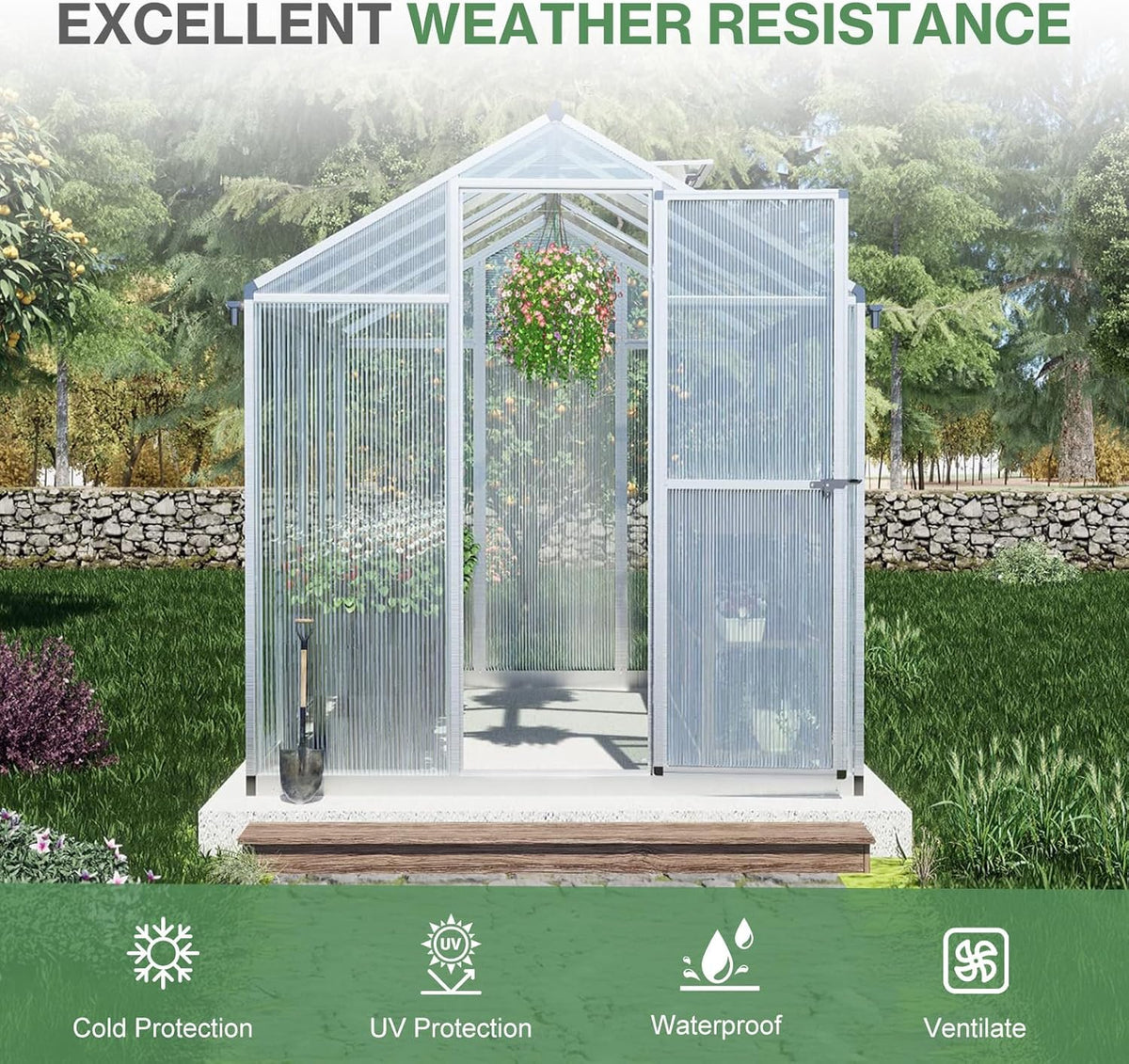 Aoodor 6 x 8 Ft Walk-in Greenhouse with Gutter, Polycarbonate and Heavy-Duty Aluminum Frame, Adjustment Skylight and Lockable 2-Sided Door for Patio, Outdoor, Yard, Lawn Use, Silver