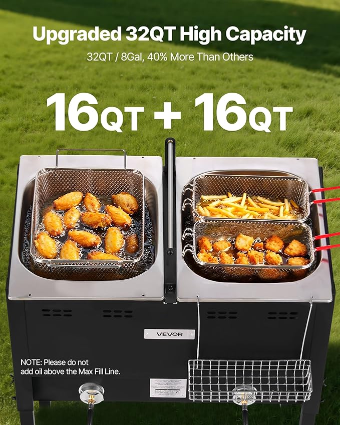 VEVOR Outdoor Propane Deep Fryer, Dual-Tank 16QTx2 Large Capacity Commercial Fryer, Stainless Steel Fish Cooker with 3 Basket, Thermometer, Floor Standing Fryers for Catering Event Camping, 50,000 BTU