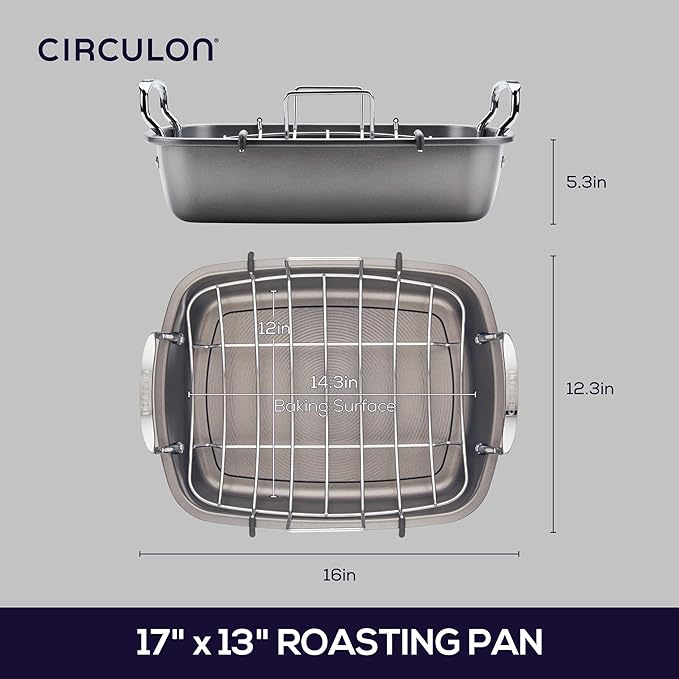 Circulon Nonstick Roasting Pan/Roaster with Rack - 17 Inch x 13 Inch,Gray,(Pack of 3)