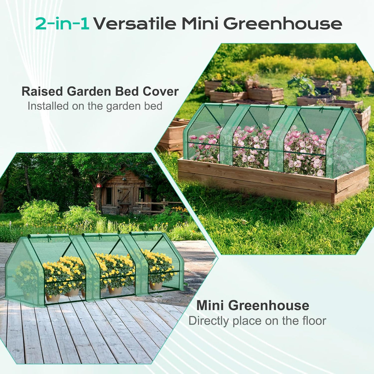 BPS 9x3x3 ft Mini Greenhouse with Green PE Cover UV-Protected Roll-Up Zipper Doors, Ideal for Indoor or Outdoor Use on Raised Garden Beds