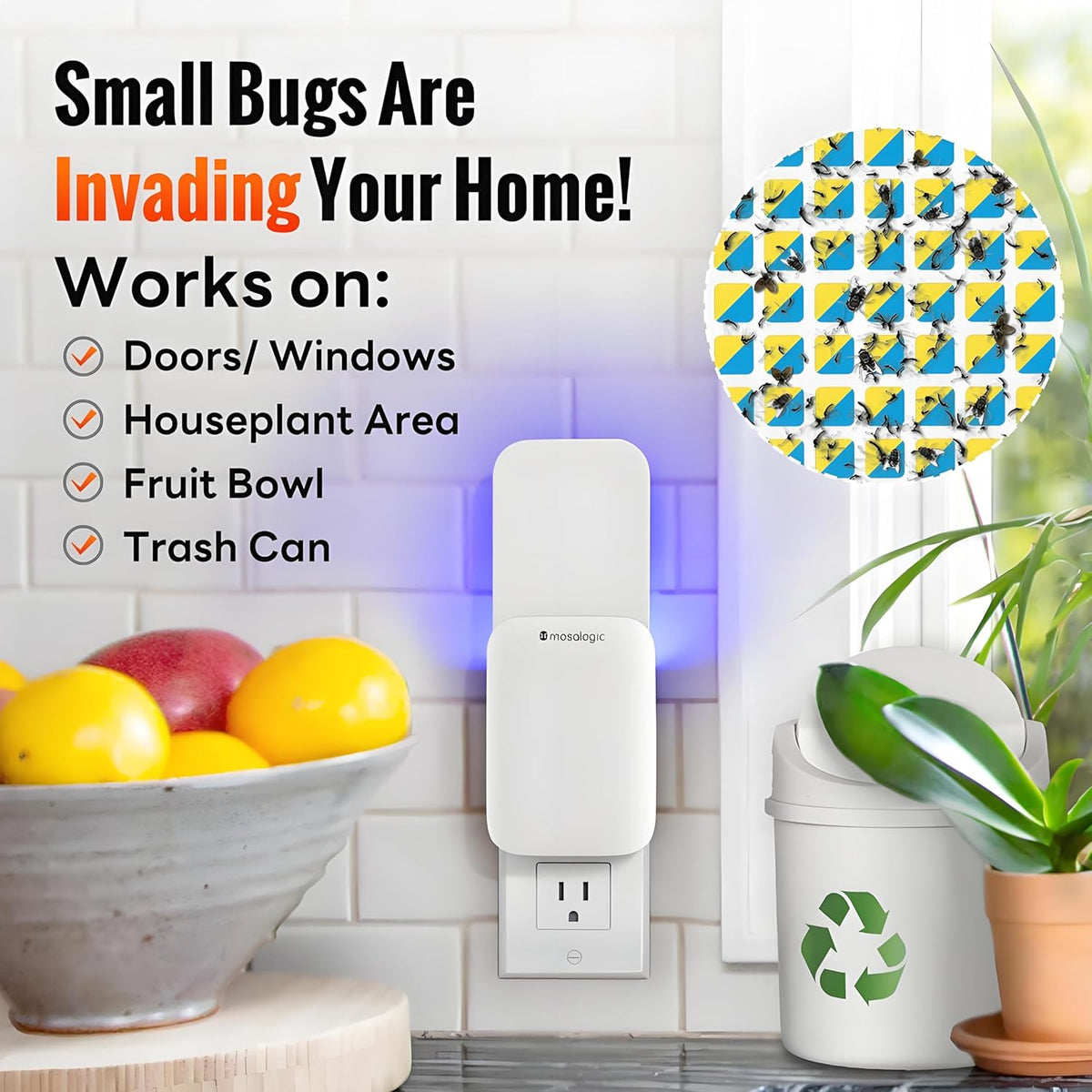 Mosalogic Fruit Fly Traps for Indoors Gnat Trap for House Indoor- 600 Sqft Protection Area UV Fly Insect Trapper for Fruit Flies，Gnat，Mosquito，and Other Flying Insect Plug in Bug Killer White