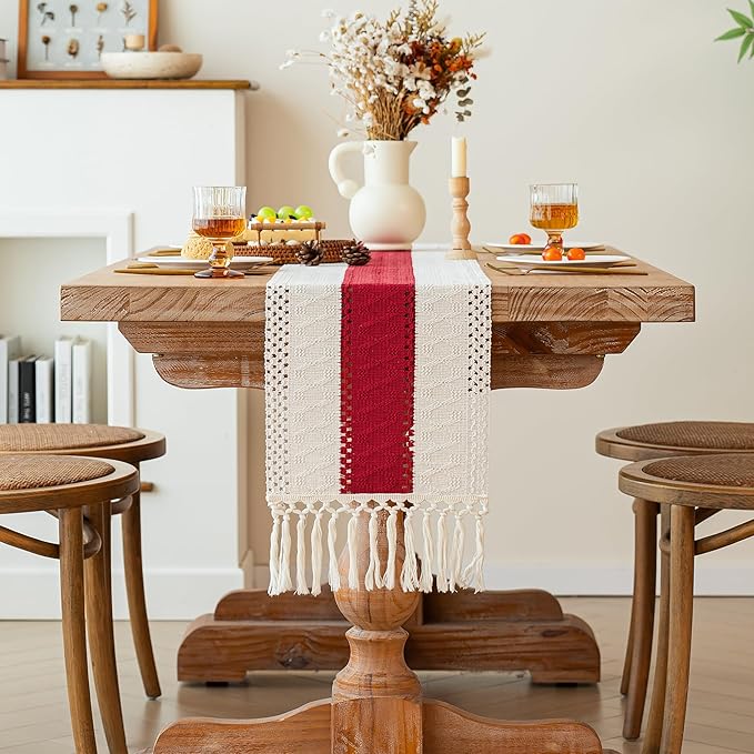 FEXIA Christmas Table Runner for Home Decor with Tassels 72 Inches Long Farmhouse Red Rustic Boho Table Runner Macrame Burlap Table Decoration for Living Room Bridal Shower(12x72 Inches)