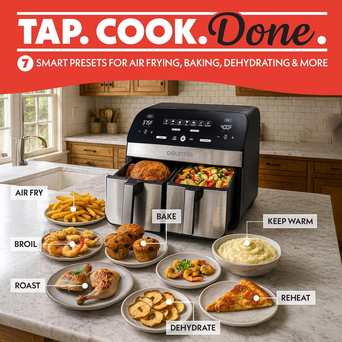 Gourmia Dual Basket Digital Air Fryer – 10 QT, FryForce 360° Technology, 7 Presets, Match Cook & Smart Finish, PTOA-Free Baskets & Crisper Trays, 1600W, Black