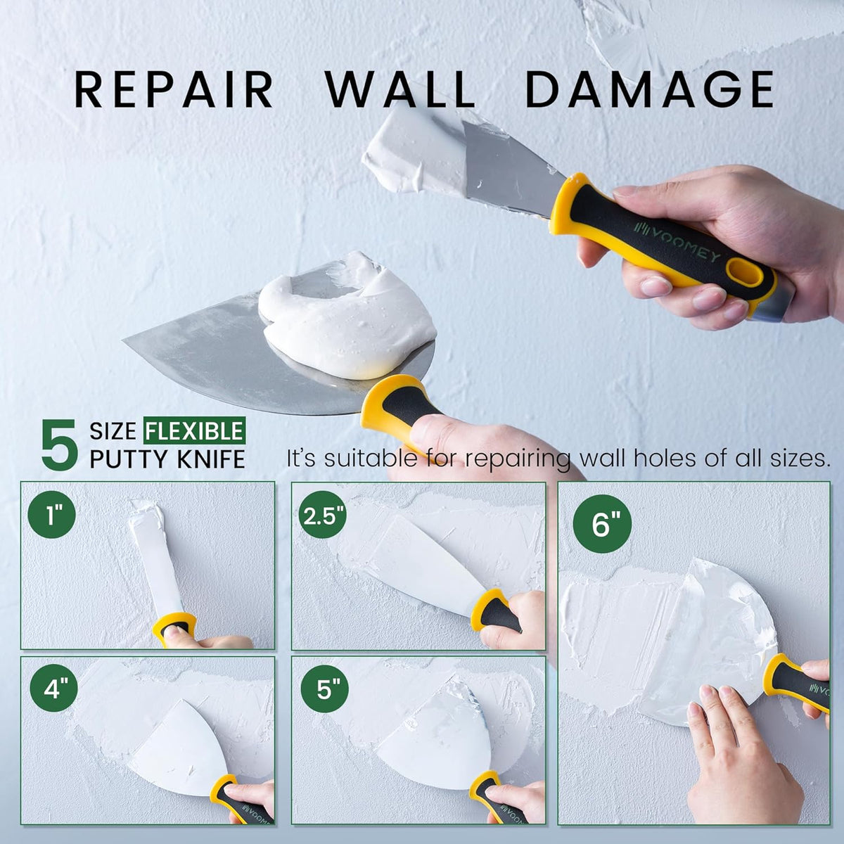 VOOMEY Putty Knife Set, 420 Stainless Steel Paint Scraper Tools,Taping Knives 6pcs, Drywall Knife Set Used for Renovating Old Walls, Applying Putty, Removing Wallpaper