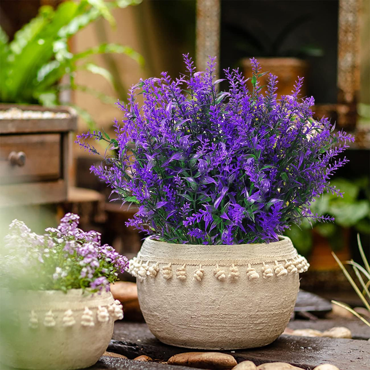 8 Pack Artificial Plants Flowers Grass Shrubs Lavender No Fade Faux Plastic Flowers Outdoor for Farmhouse Garden Porch Patio Indoor Wedding Decoration Greenery Fake Plants uv Resistant