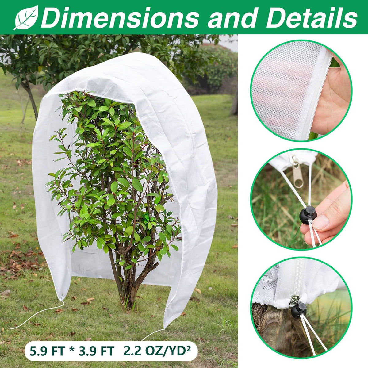 2 Pcs Plant Covers Freeze Protection, Frost Cloth Plant Freeze Protection, Frost Covers for Outdoor Plants with Drawstring and Zipper, 2.5 oz/yd² 5.9 X 3.9 Ft, for Protect Trees Shrubs from Cold Frost