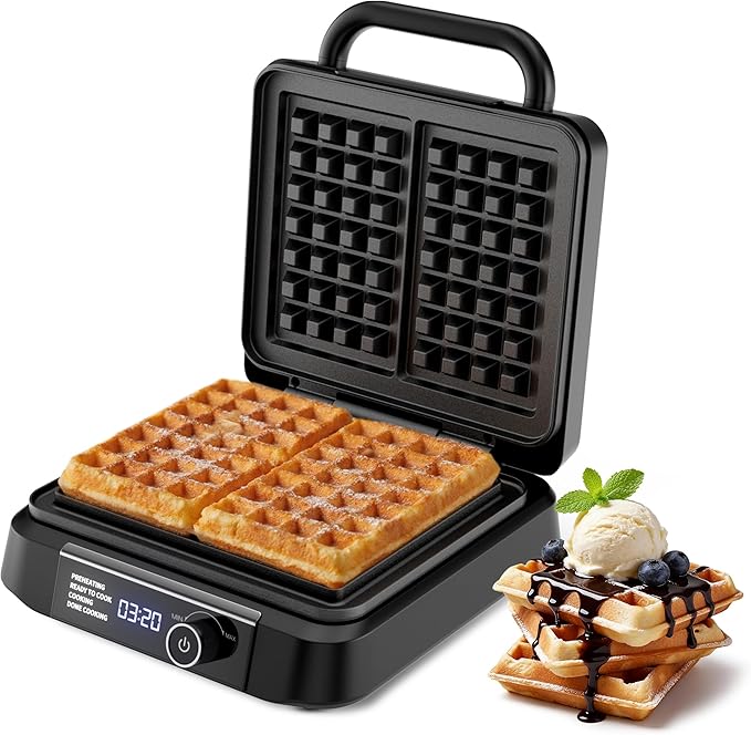 Waffle Maker, 1200W Belgian Waffle Maker, Dual Rectangular Thick Waffle Iron, 7-Level Browning LED Panel, Nonstick Plates, Anti-spill Design, Audible Ready Beep, Easy Cleanup, Stainless Steel