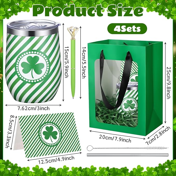 Patelai 30 Pcs Spring Picnic Party Favor Set Reusable Stainless Steel Tumblers with Lid Straw for Outdoor Camping 12oz Shamrock Cups for Wedding, Baby Shower Party Supplies, Employees (Green Clover)