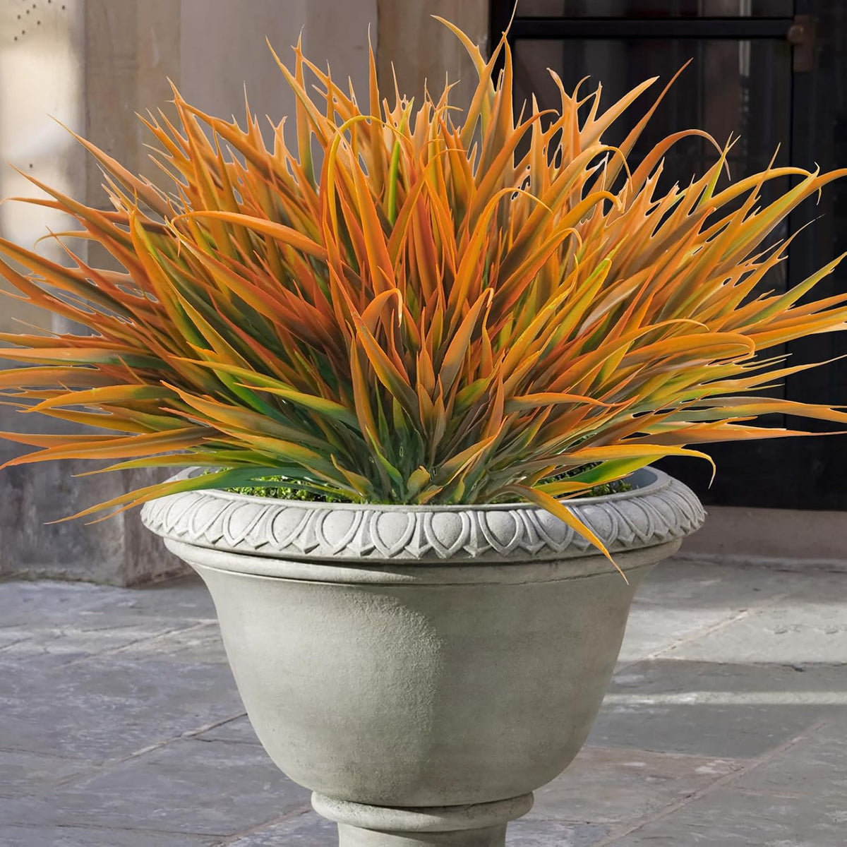 Uieke 12 Bundles Artificial Outdoor Plants UV Resistant Fake Grass Plants Faux Plastic Plants Greenery Shrubs for Home Garden Pathway Window Box Front Porch Cemetery Fall Decor, Autumn Orange