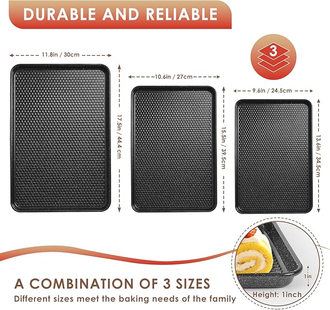 Baking Sheet Pan Set of 3, Nonstick Carbon Steel Cookie Sheets with Texture, Commercial Half/Quarter/Jelly Roll Pans Replacement Toaster Oven Tray, Heavy Duty & Easy Clean, Black