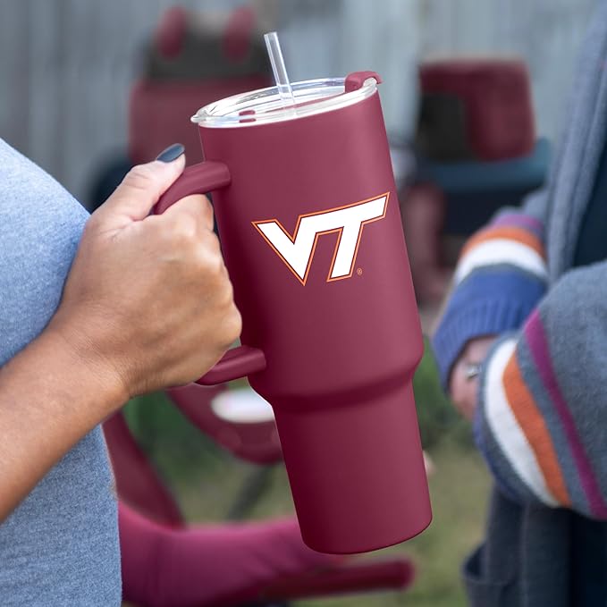 Logo Brands NCAA 40 oz Tumbler with Handle -Stainless Steel Insulated Travel Tumbler with Straw Lid – Powder Coated, Leak-Resistant, Keeps Drinks Hot/Cold – Great for Tailgating, or Everyday Use