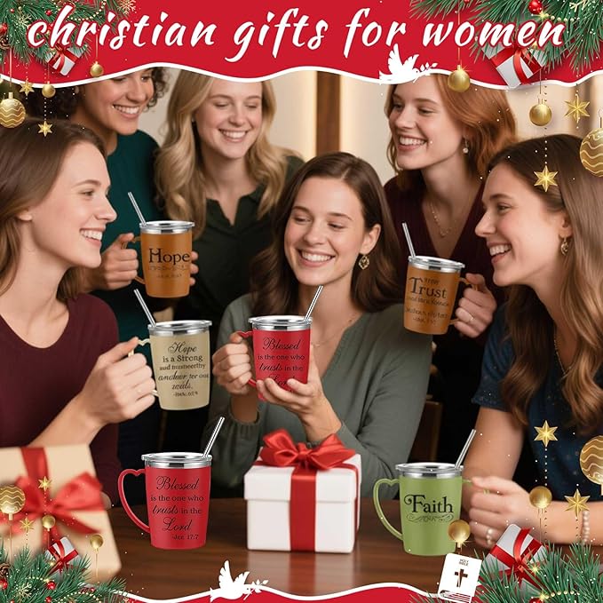 6 Pcs Christian Coffee Mugs Bulk Large 16 oz Religious Tumblers Stainless Steel Insulated Cups with Handle Lid Straw Brushes Bible Verses Scripture Quotes for Women Men Church Gifts