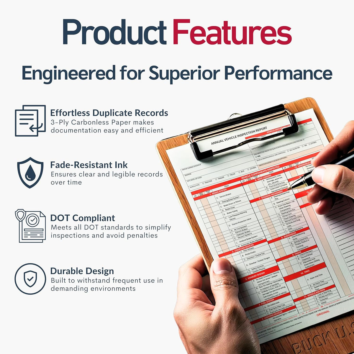 50 Pack 3-Ply Carbonless Annual Vehicle Inspection Report Forms with FMCSA Red Aluminum Adhesive Labels, DOT Inspection Forms and Stickers, Shrink-Wrapped, 8.5" x 11.75" - Made in USA