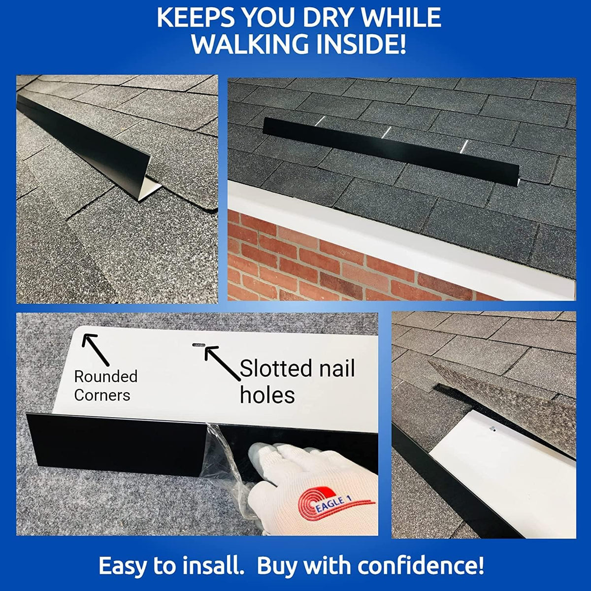 EAGLE 1- Shingle Roof Rain Diverter 40 Inches Long- 26 Gauge Material- Easy to Install- Includes Stainless Steel Nails (2, Black)
