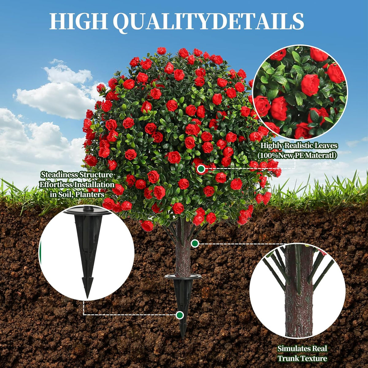 Artificial Rose Topiary Trees, 17 Inch UV-Resistant Red Flowers, Set of 2 with Ground Stakes, Indoor Outdoor Decorative Plants